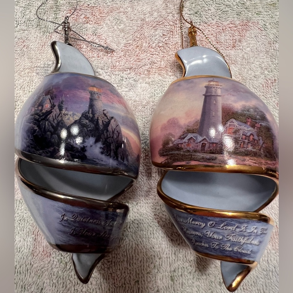 (2) Thomas Kinkade Hand-Painted Lighthouse Holiday Ornaments - Blue